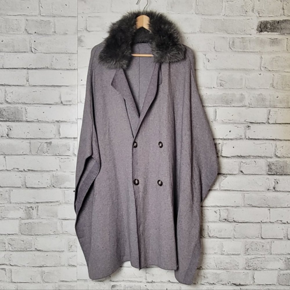 ZARA Coat Jacket Fur Collar Knit Cape Poncho Faux Coat Jacket - Picture 5 of 8
